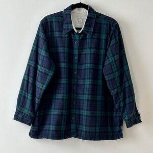 LL Bean 100% Cotton Blue Green Plaid Fleece Lined Button Up Shacket Shirt